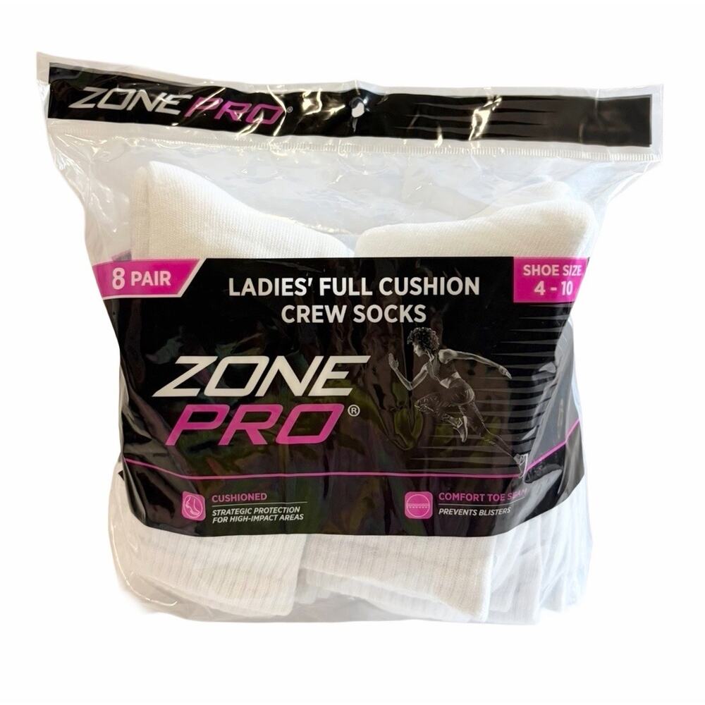 Zone Pro Ladies Full Cushion Crew Socks White 8 Pair Size 4-10 Comfort NEW